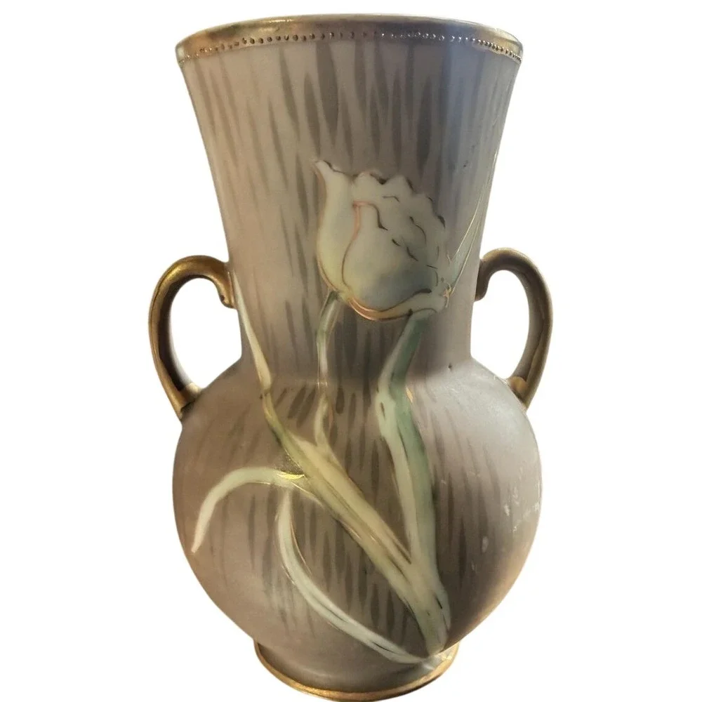 Vintage Hand Painted Nippon Vase Gold Gilt Floral Double Handled Morimura M Mark